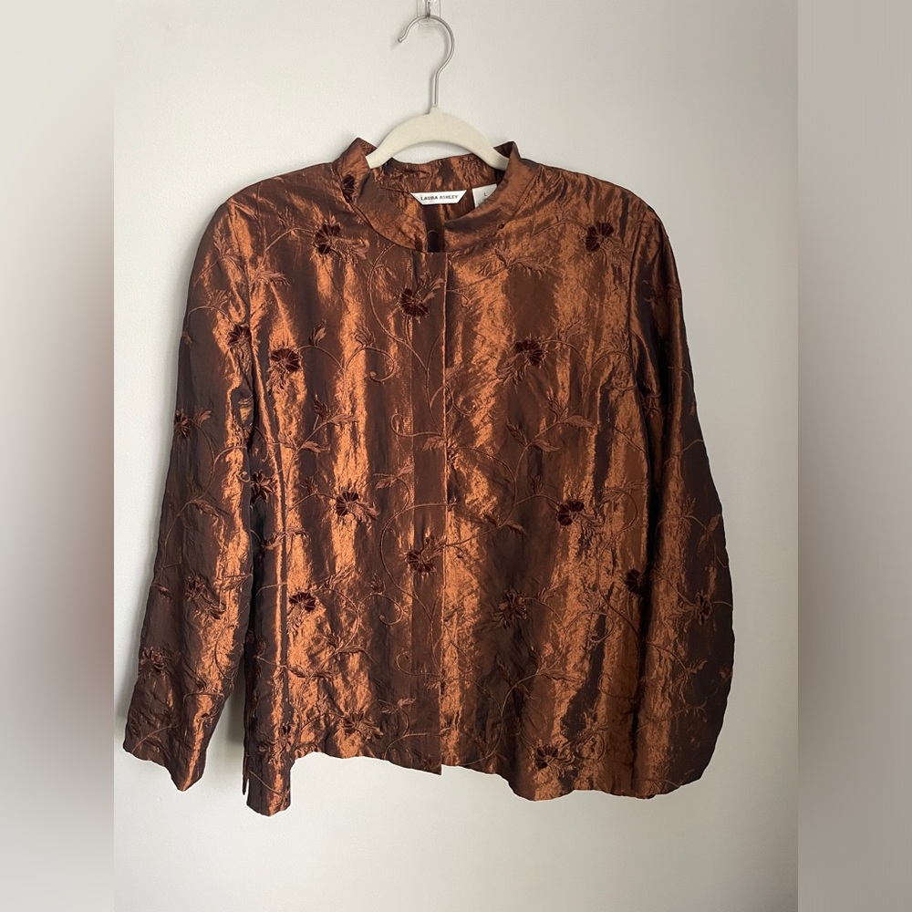 Laura Ashley Vintage Bronze Floral Embroidered Taffeta Jacket Women’s Size Large
